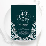 Invitation 40e anniversaire Emerald Green Roses d'argent<br><div class="desc">Émeraude vert argent élégant 40e anniversaire invitation fête. Design classique avec rose, faux feuille argent et police de script de typographie. Carte invitation tendance parfaite pour une célébration anniversaire élégante. Personnalisez avec vos propres détails. Peut être customisé à n'importe quel âge. Invitations Zazzle imprimées ou téléchargement instantané modèle imprimable numérique....</div>