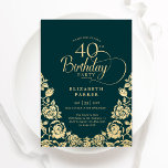 Invitation 40e anniversaire Emerald Green Roses or<br><div class="desc">Émeraude or vert élégant 40e anniversaire invitation fête. Design classique avec rose, faux feuille d'or et police de script de typographie. Carte invitation tendance parfaite pour une célébration anniversaire élégante. Personnalisez avec vos propres détails. Peut être customisé à n'importe quel âge. Invitations Zazzle imprimées ou téléchargement instantané modèle imprimable numérique....</div>