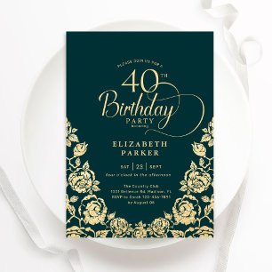 Invitation 40e anniversaire Emerald Green Roses or