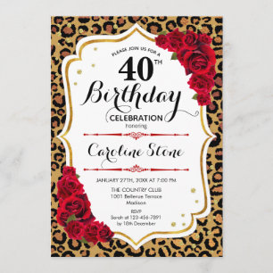 Invitation 40e anniversaire - Empreinte de léopard d'or rouge