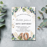 Invitation 40e anniversaire eucalyptus parties scintillant ve<br><div class="desc">Pour une fête de 40 ans. Un arrière - plan blanc décoré de verdure d'eucalyptus et de feuilles dorés. Taches de fausse parties scintillant dorée. Personnalisez et ajoutez vos noms et les détails du mariage. Lettres noires et dorées. Le numéro 40 est écrit avec une police de style ballon. Dos...</div>