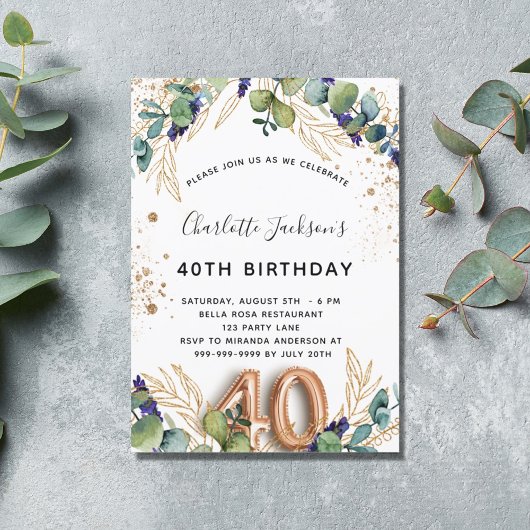 Invitation 40e anniversaire eucalyptus parties scintillant ve