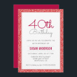 Invitation 40e anniversaire Faux Parties scintillant rouge<br><div class="desc">Cette invitation à la fête du 40e anniversaire,  simple et élégante,  comporte une bordure en faux rouge de parties scintillant. Le texte personnalisé vous permet d'ajouter les détails de votre invitation.</div>