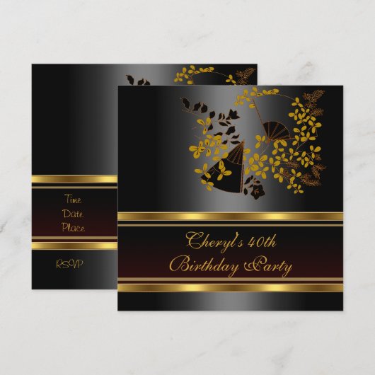 Invitation 40e anniversaire fête Floral Black Gold motif (Devant / Derrière)