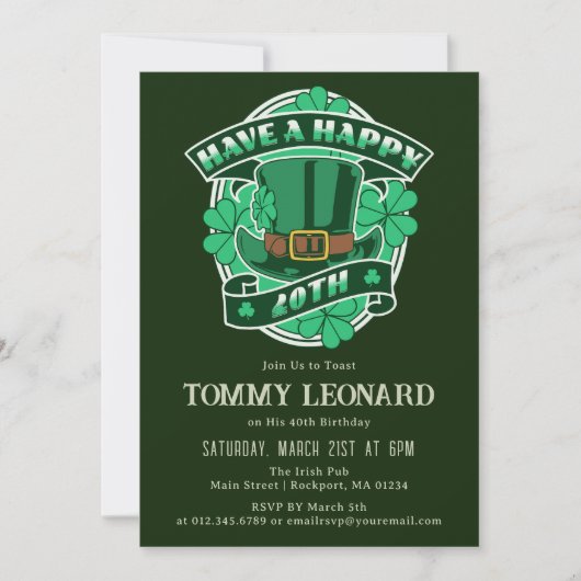 Invitation 40e anniversaire fête Leprechaun Casquette Shamroc (Devant)