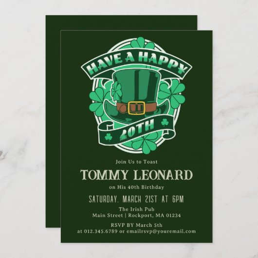 Invitation 40e anniversaire fête Leprechaun Casquette Shamroc (Devant / Derrière)