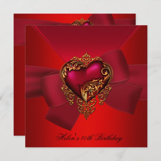 Invitation 40e anniversaire fête Rouge Coeur rose bijou en or (Devant / Derrière)