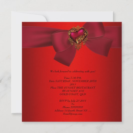 Invitation 40e anniversaire fête Rouge Coeur rose bijou en or (Dos)