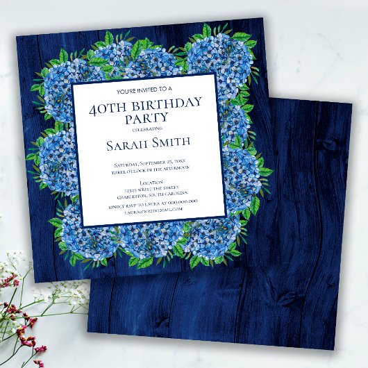 Invitation 40e Anniversaire Fête Rustique Bois Hydrangeas Ble