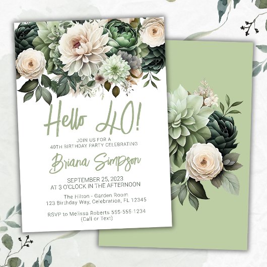 Invitation 40e anniversaire fête Sage vert Floral