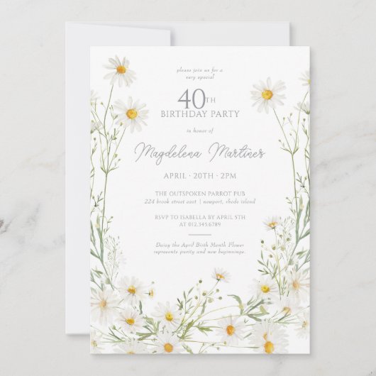 Invitation 40e anniversaire Fleur de naissance du mois d'avri (Devant)