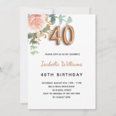 Invitation 40e anniversaire fleurie rose or eucalyptus vert (Devant)