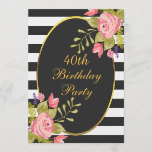 Invitation 40e anniversaire Floral Black Stripes Gold Foil