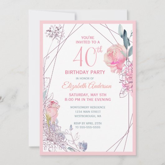 Invitation 40e anniversaire Floral Blush Rose Watercolor Part (Devant)