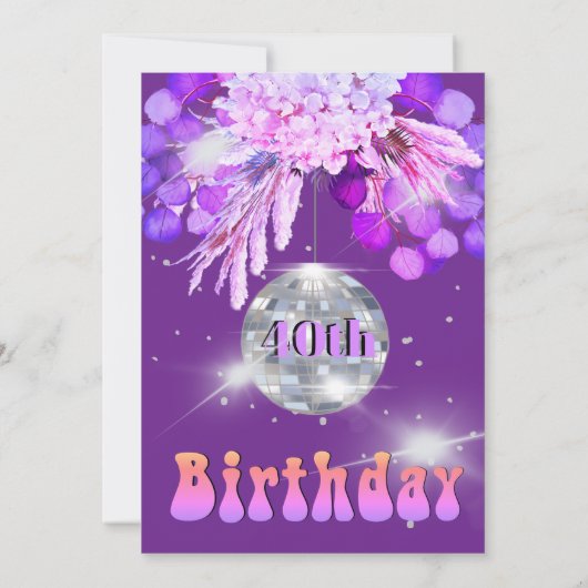 Invitation 40e anniversaire Floral Purple Disco Ball (Dos)
