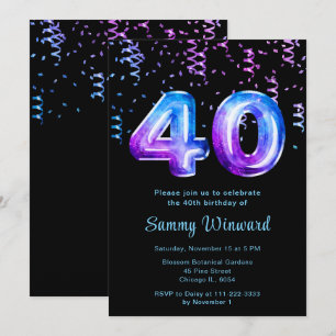 Invitation 40e anniversaire Galaxy Balloons avec Confetti