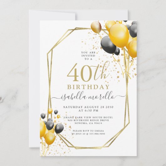 Invitation 40e anniversaire Gold Black Balloons Parties scint (Devant)