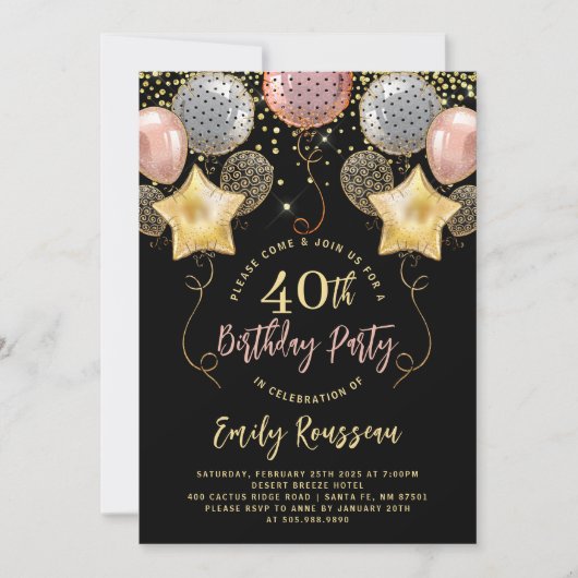 Invitation 40e anniversaire Gold Parties scintillant Ballons (Devant)
