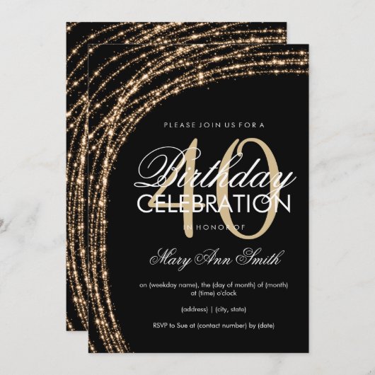 Invitation 40e anniversaire Gold Sparkling String lumières (Devant / Derrière)