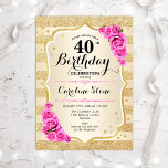 Invitation 40e anniversaire - Gold Stripes rose Roses Invitat<br><div class="desc">Invitation du 40e anniversaire. Design élégant en or et rose. Comprend des bandes d'or de parties scintillant faux,  des roses roses roses stylisées police et confetti. Parfait pour une fête d'anniversaire glam.</div>