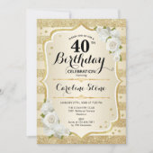 Invitation 40e anniversaire - Gold Stripes Roses blanches (Devant)