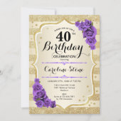 Invitation 40e anniversaire - Gold Stripes Roses violets (Devant)