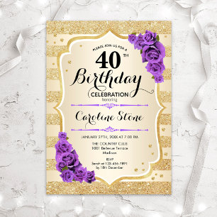 Invitation 40e anniversaire - Gold Stripes Roses violets