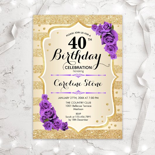 Invitation 40e anniversaire - Gold Stripes Roses violets