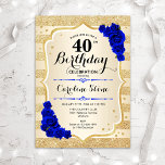 Invitation 40e anniversaire - Gold Stripes Royal Blue Roses<br><div class="desc">Invitation du 40e anniversaire. Design élégant en or et bleu roi. Comprend des rayures d'or de parties scintillant faux,  saphir rose police de script et confetti. Parfait pour une fête d'anniversaire glam.</div>