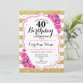Invitation 40e anniversaire - Gold White Stripes rose Roses (Debout devant)