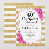Invitation 40e anniversaire - Gold White Stripes rose Roses (Devant / Derrière)