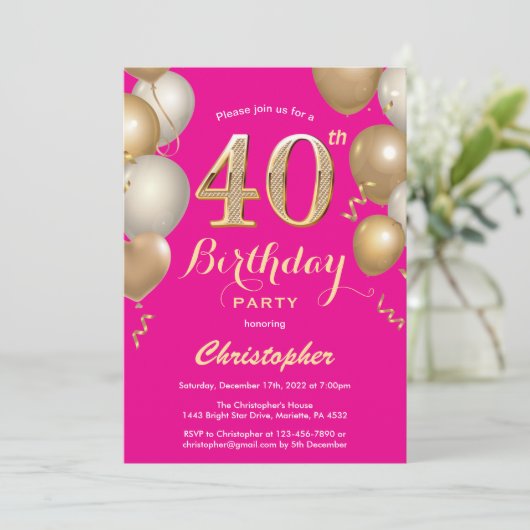 Invitation 40e Anniversaire Hot Pink et Gold Balloons Confett (Debout devant)