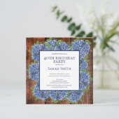 Invitation 40e Anniversaire Hydrangeas Bleu Bois Fête Rustiqu (Debout devant)