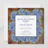 Invitation 40e Anniversaire Hydrangeas Bleu Bois Fête Rustiqu (Devant)