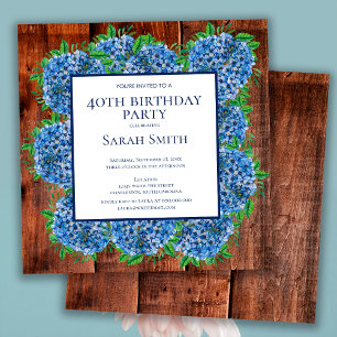 Invitation 40e Anniversaire Hydrangeas Bleu Bois Fête Rustiqu