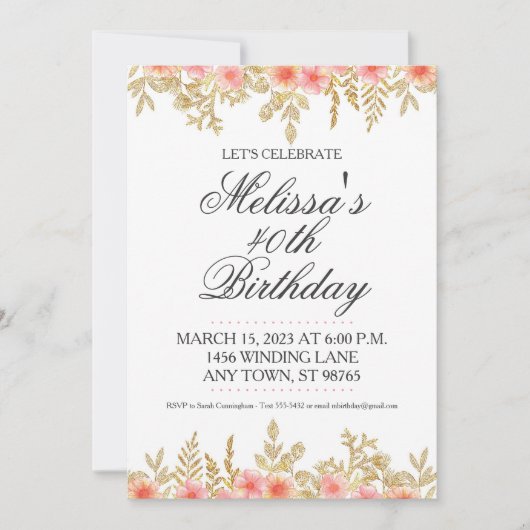 Invitation 40e anniversaire Invitation, or et rose Floral (Devant)