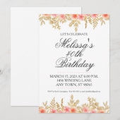 Invitation 40e anniversaire Invitation, or et rose Floral (Devant / Derrière)