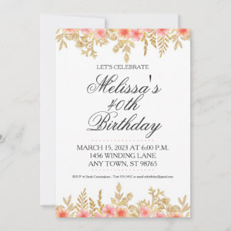 Invitation 40e anniversaire Invitation, or et rose Floral