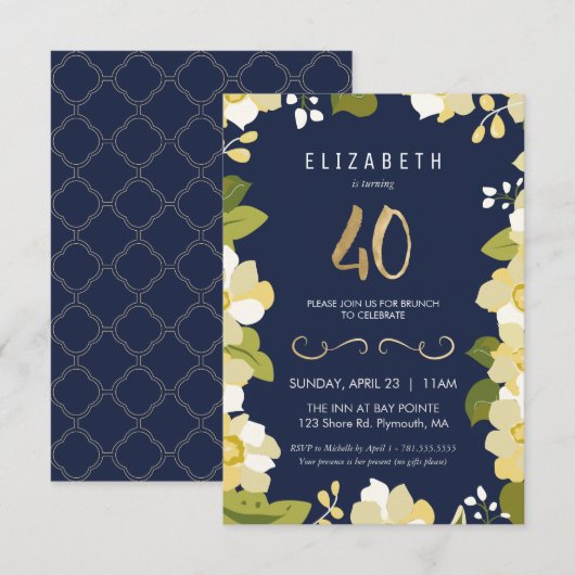 Invitation 40e anniversaire Invitation, Personnaliser Floral  (Devant / Derrière)