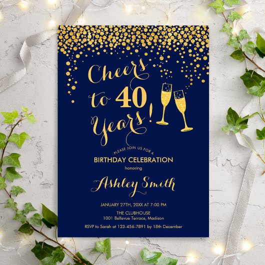 Invitation 40e Anniversaire - Joue À 40 Ans Gold Navy