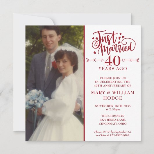 Invitation 40e anniversaire juste marié Mariage photo Carré (Devant)