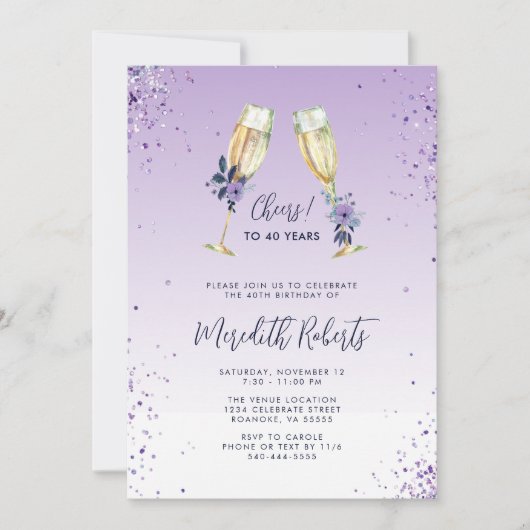 Invitation 40e anniversaire Lavender Ombre Champagne Toast Pa (Devant)