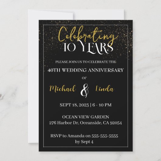 Invitation 40e anniversaire Mariage Black Gold Golden Invitat (Devant)