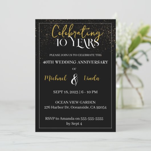 Invitation 40e anniversaire Mariage Black Gold Golden Invitat (Debout devant)