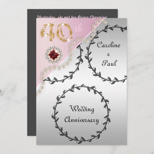 Invitation 40e anniversaire Mariage Embossed Silver Rose or (Devant / Derrière)