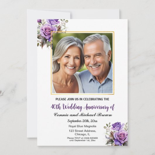 Invitation 40e anniversaire Mariage Gold Frame Roses violets (Devant)