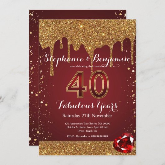 Invitation 40e anniversaire Mariage Ruby Parties scintillant  (Devant / Derrière)