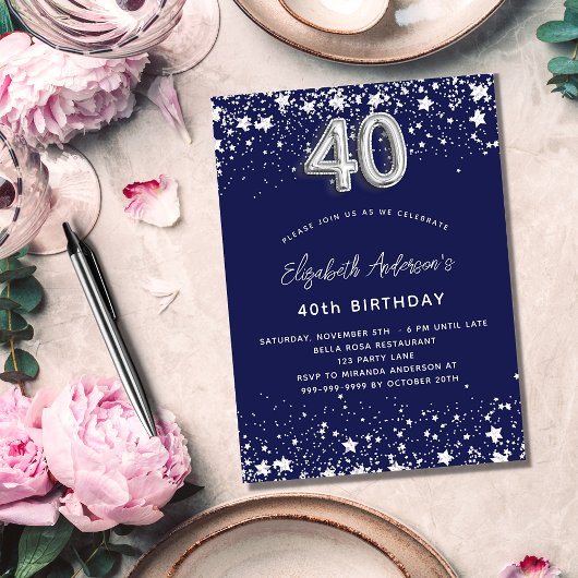 Invitation 40e anniversaire marine bleu argent étoiles luxe