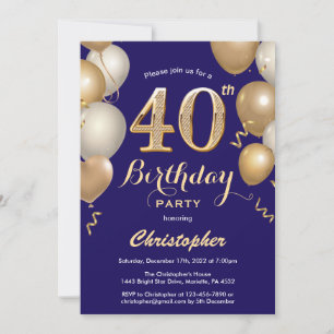 Invitation 40e anniversaire Marine Bleu et Ballons d'or Confe