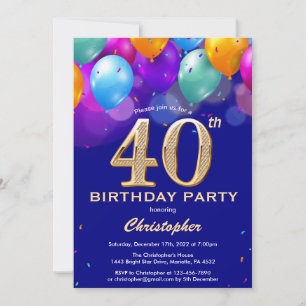 Invitation 40e anniversaire Marine Bleu et or Ballons colorés